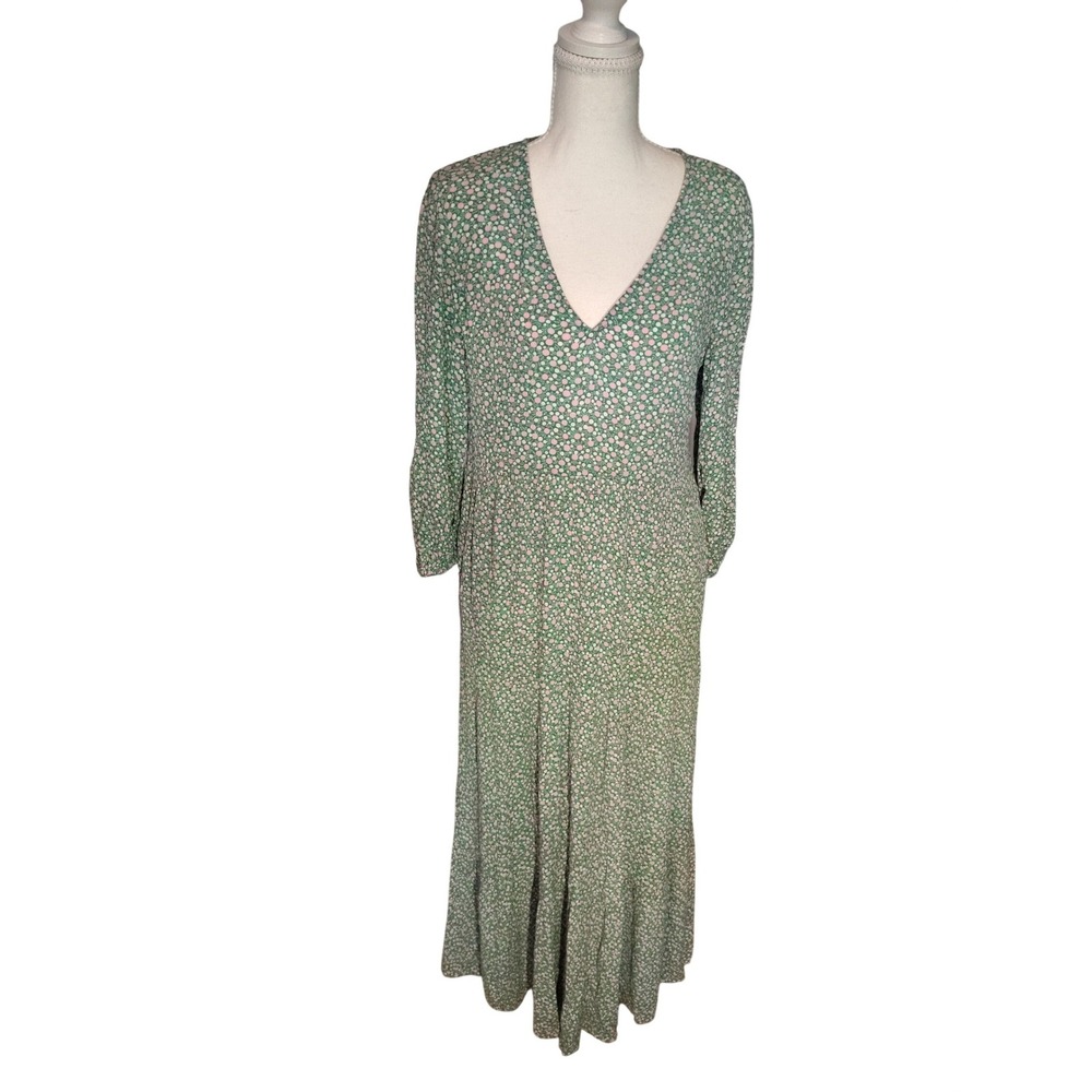 Boden Green Pink Floral Berry Midi‎ Dress V-Neck Long Sleeve Viscose US 6P W0792